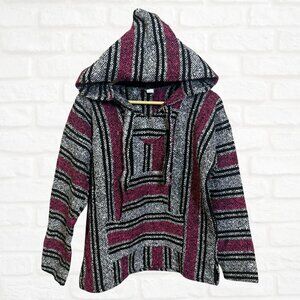 Boho Baja Hoodie Pullover Striped Festival Sweater Medium Cozy Surf Grunge Hippi
